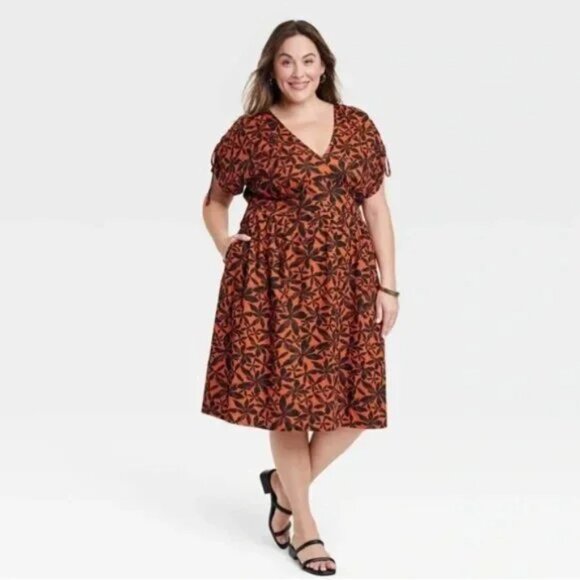 Ava & Viv Plus Size Red Orange Black Floral Dolman Short Sleeve Midi Dress - Picture 1 of 8